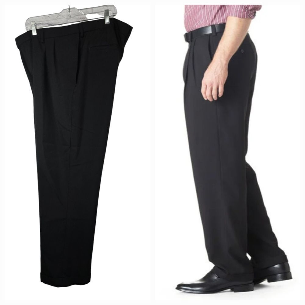 Haggar Men's 38x29 ECLO Stria Classic Fit Pleated Front Dress Pant Cuff Black